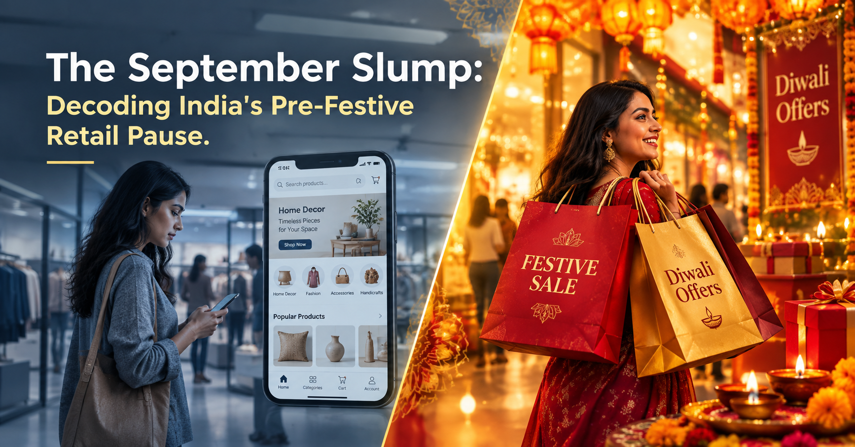 A split-screen visual showing a quiet, modern Indian retail storefront on the left transitioning into a vibrant, golden festive shopping background with traditional diyas on the right, symbolizing the September sales dip before the Diwali boom.